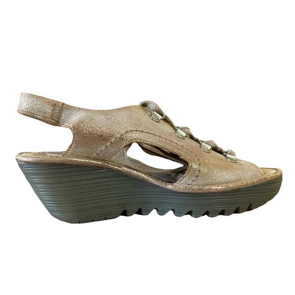 Fly London YLFA Metallic Wedge Sandals Sz 38 US 7-7.5 Rose Gold Leather Lace Up - Picture 3 of 8